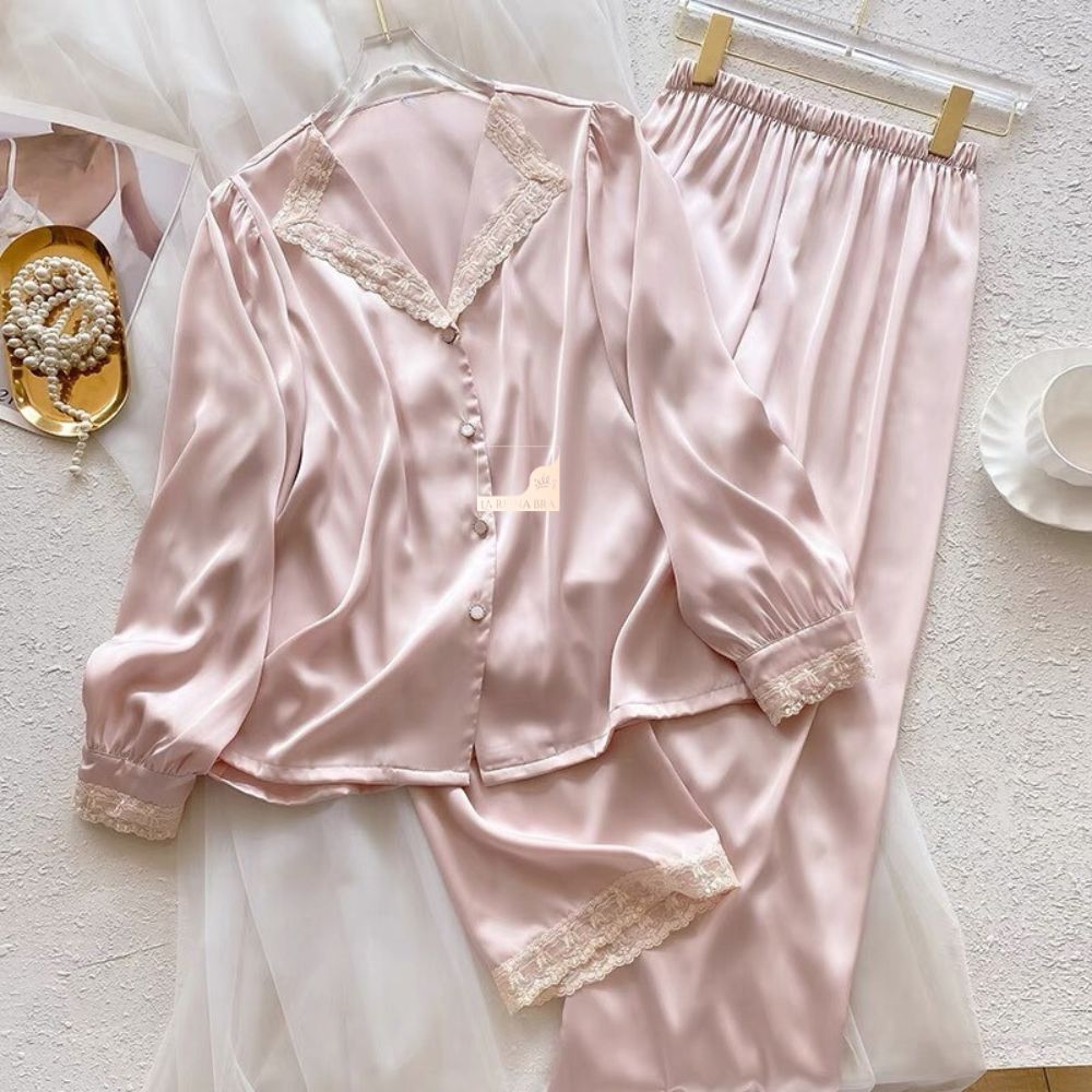 Bộ ngủ pyjamas lụa satin cao cấp hồng ren