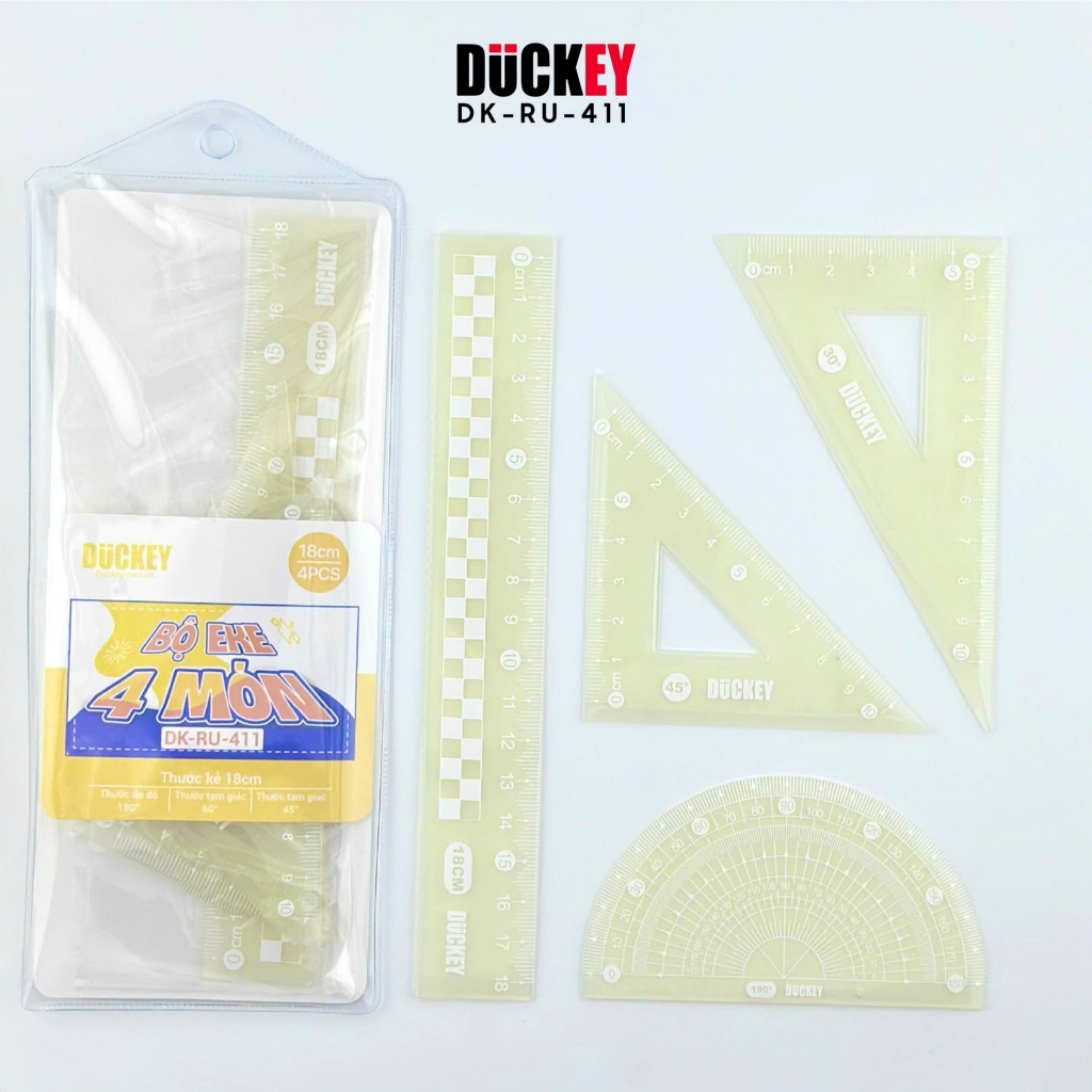 Bộ thước eke 4 món Duckey RU-411 – Thước học sinh nhựa dẻo, đo vẽ hình học chính xác