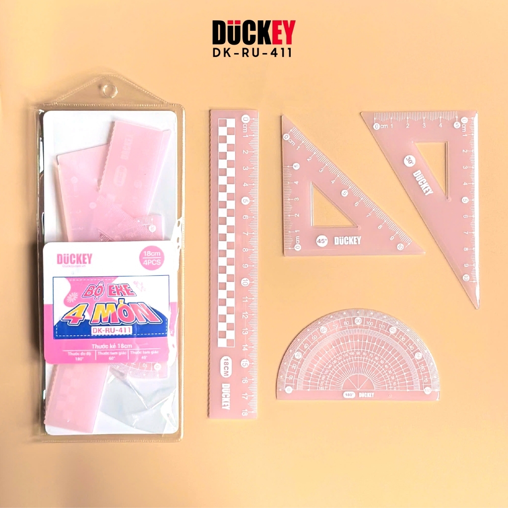 Bộ thước eke 4 món Duckey RU-411 – Thước học sinh nhựa dẻo, đo vẽ hình học chính xác