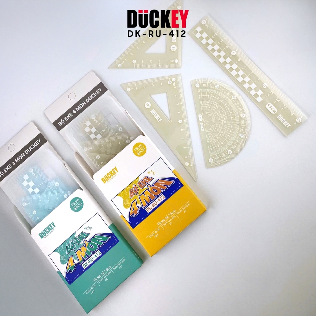 Bộ Thước Eke Hình Học 4 Chiếc RU-412 Duckey – Có Hộp Nhựa, Nhiều Màu, Dành Cho Học Sinh