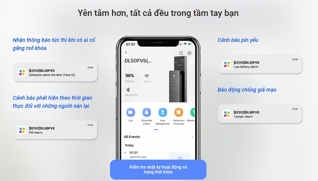 Khóa cửa điện tử EZVIZ DL50FVS (APP, Khuôn mặt, vân tay, mật mã, chìa cơ)