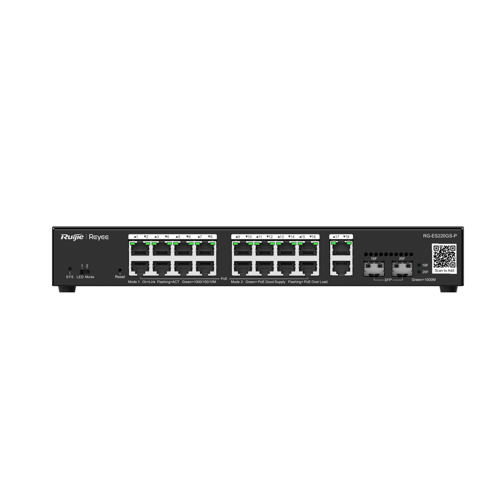 Switch PoE Ruijie RG-ES220GS-P (16 PoE Gigabit, 2 uplink Gigabit, 2SFP, 250W)