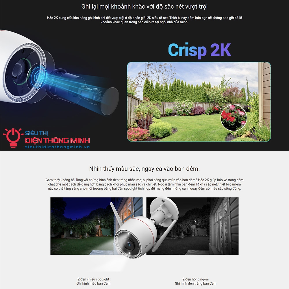 Camera EZVIZ H3c 2K (Wifi Thân 3MP, đêm có màu)