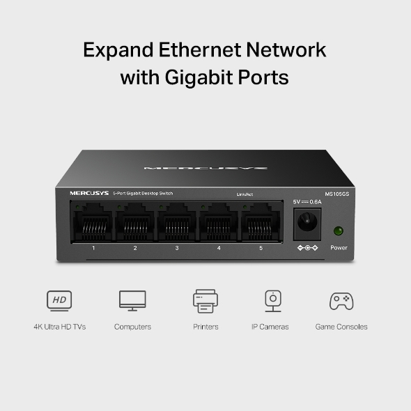 Switch chia mạng Mercusys MS105GS (5 cổng Gigabit, vỏ sắt)