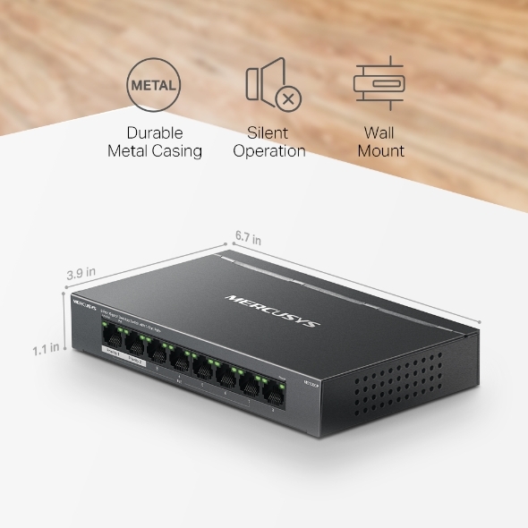 Switch PoE Mercusys MS108GP (7 PoE Giga, 1 uplink Giga, 65W)