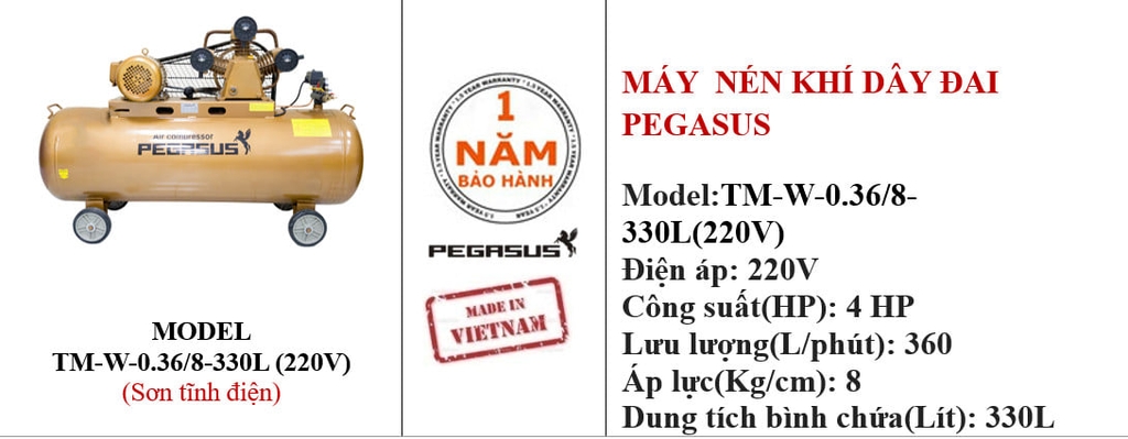 Máy Nén Khí Dây Đai Pegasus 4HP 330L TM-W-0.36/8-330L