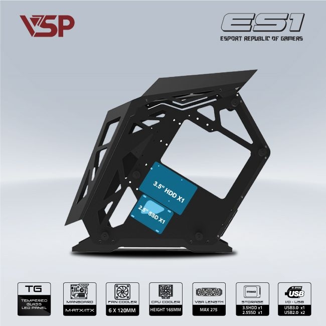 Vỏ Case VSP REPUBLIC OF GAMERS ES1 - ĐEN (mATX/Mid Tower)