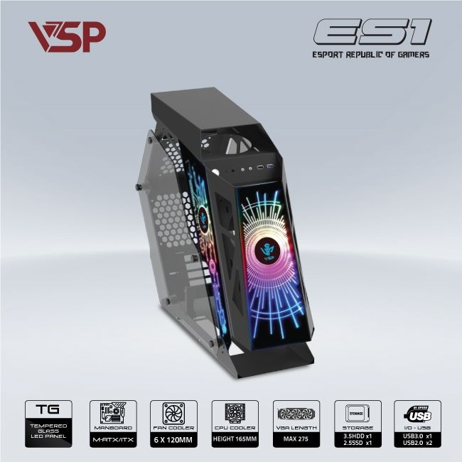 Vỏ Case VSP REPUBLIC OF GAMERS ES1 - ĐEN (mATX/Mid Tower)