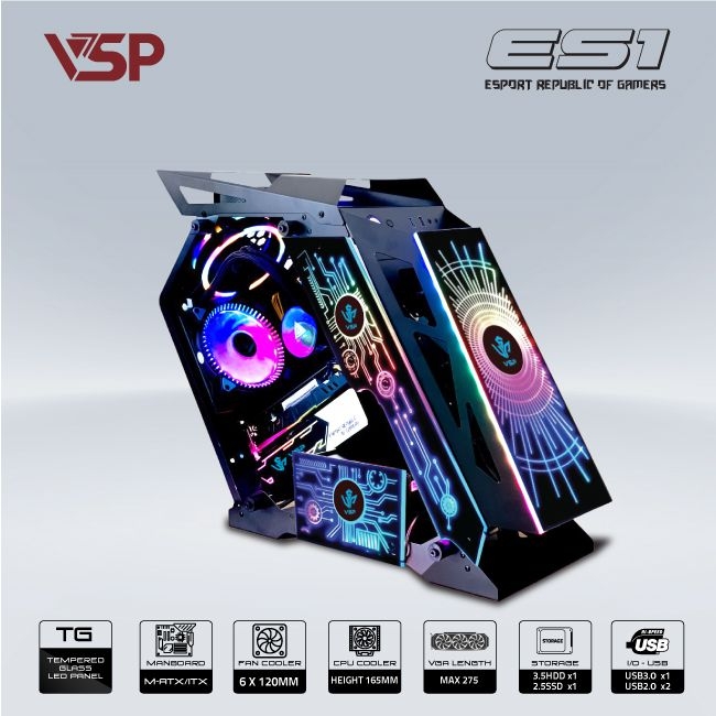 Vỏ Case VSP REPUBLIC OF GAMERS ES1 - ĐEN (mATX/Mid Tower)