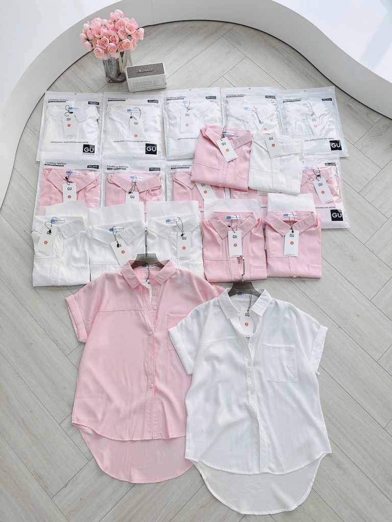 ÁO SƠ MI GU TÚI TRƯỚC HỒNG TRẮNG NỮ SẴN (SALE 80k)