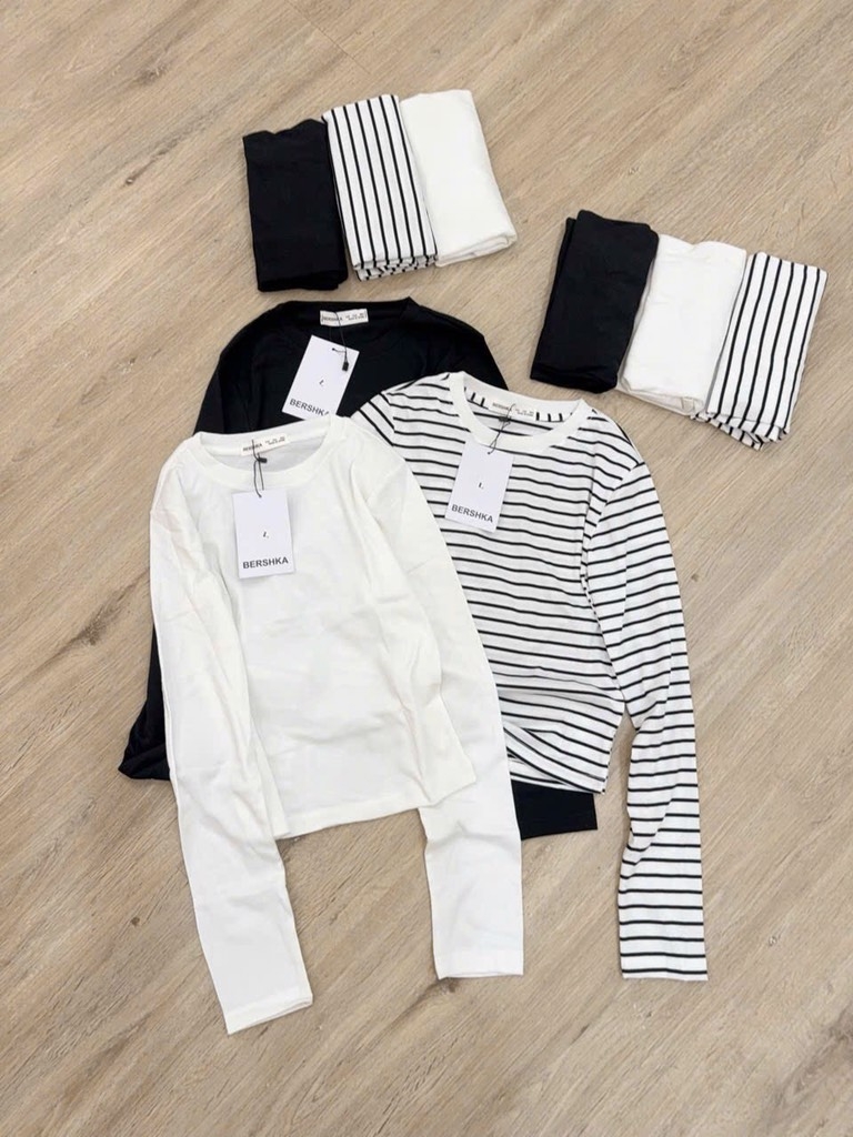 SET 3 ÁO THUN ZIP BSKK ĐEN KẺ TRẮNG NỮ THU ĐÔNG