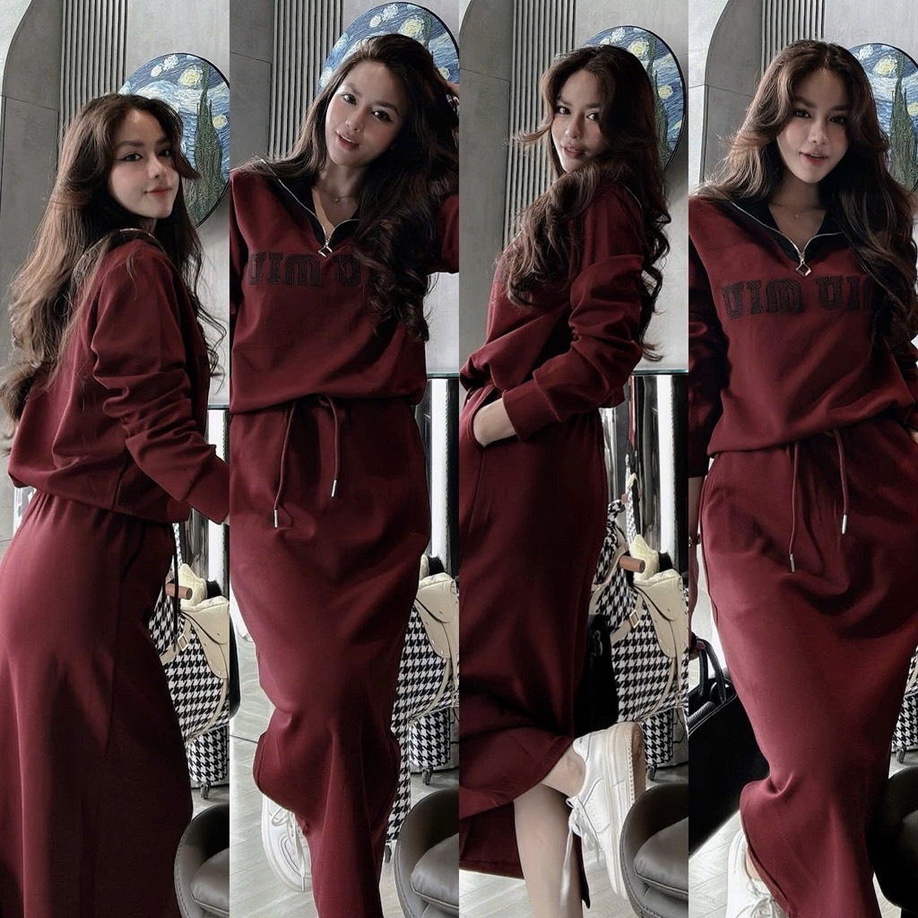 SET HAI DA MIU MIU CỔ KHOÁ MIX CHÂN VÁY DÀI NỮ THU ĐÔNG SẴN