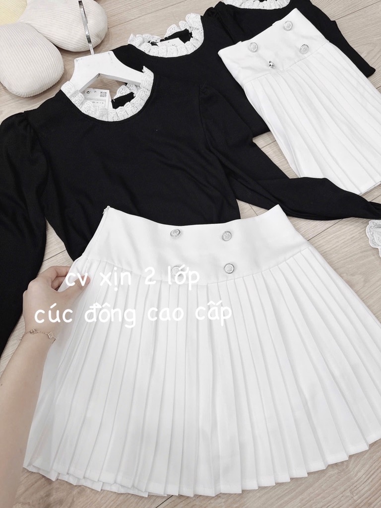 SET ÁO LEN CỔ REN MIXX CV XẾP LI CÚC ĐỒNG NỮ THU ĐÔNG SẴN