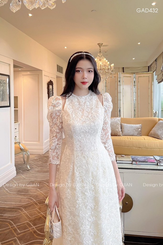 SET ÁO DÀI REN 2 LỚP CỔ NGỌC ĐÍNH VAI ĐÁ(xả 150k)