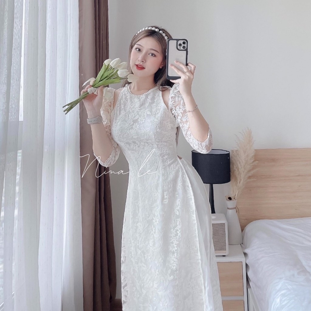 SET ÁO DÀI REN 2 LỚP CỔ NGỌC ĐÍNH VAI ĐÁ(xả 150k)