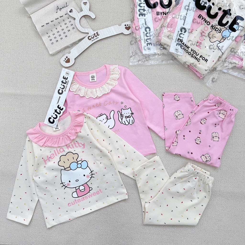 SÉT 2 BỘ COTTON DÀI TAY MÈO KITTY BE HỒNG CHO BÉ GÁI