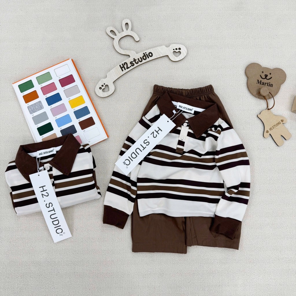 SET BỘ DÀI ÁO POLO KẺ NÂU QUẦN SUÔNG NÂU BÉ TRAI