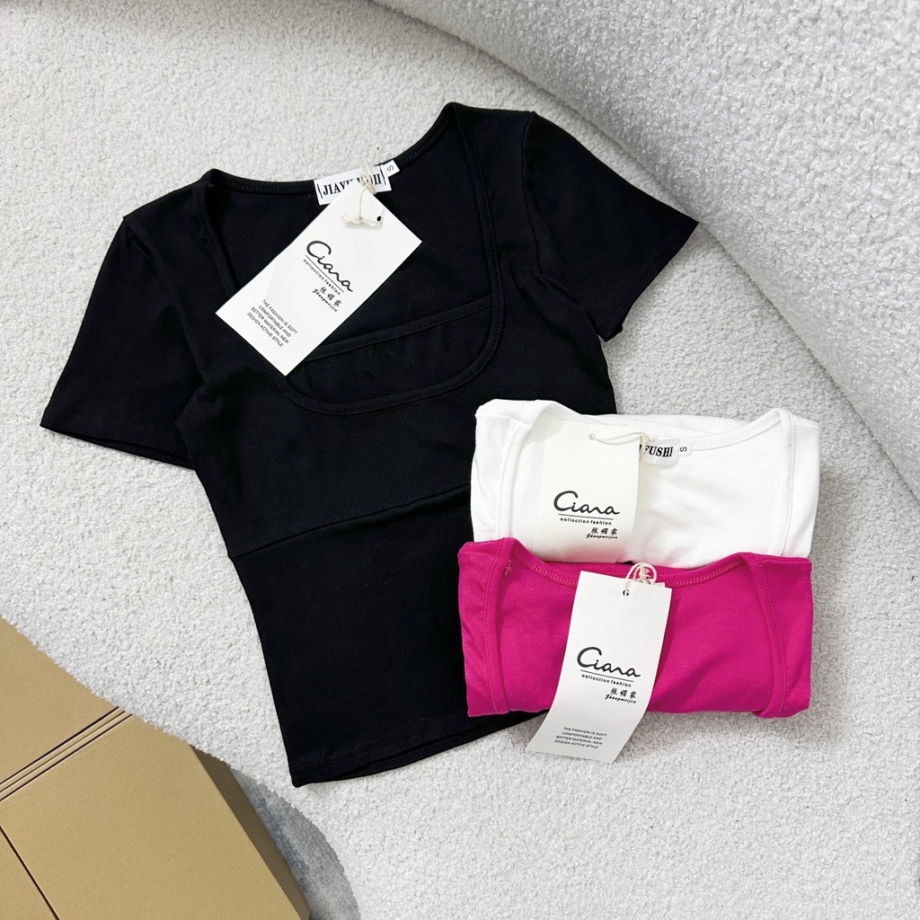 SET 3 ÁO CỘC CỔ VUÔNG ĐEN TRẮNG HỒNG(xả 89k)