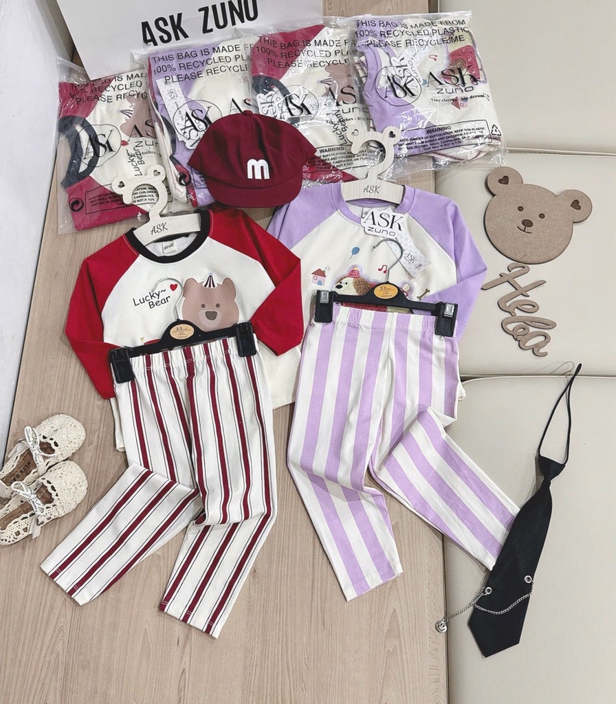 SET 2 BỘ DÀI QUẦN SỌC GẤU BEAR PUPPY BÉ GÁI SẴN
