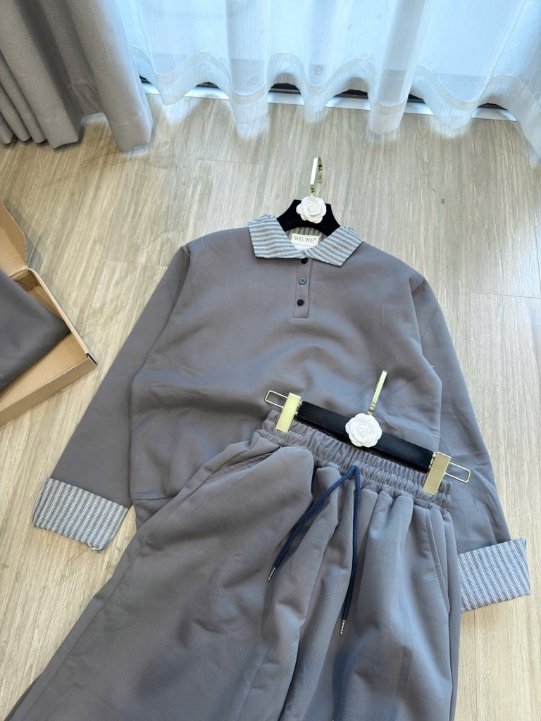 SÉT BỘ NỈ XÁM PHỐI BO CỔ BE NEW NỮ THU ĐÔNG SẴN