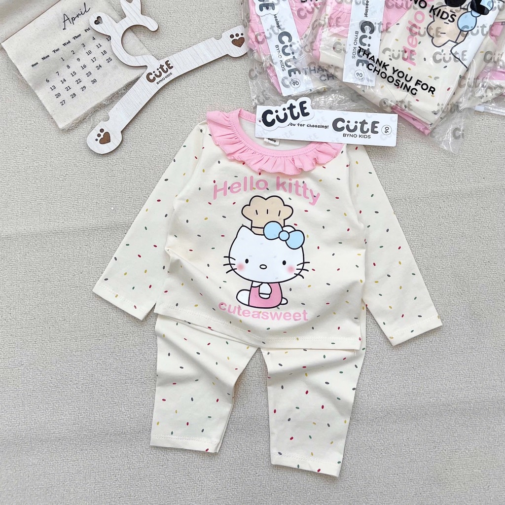 SÉT 2 BỘ COTTON DÀI TAY MÈO KITTY BE HỒNG CHO BÉ GÁI