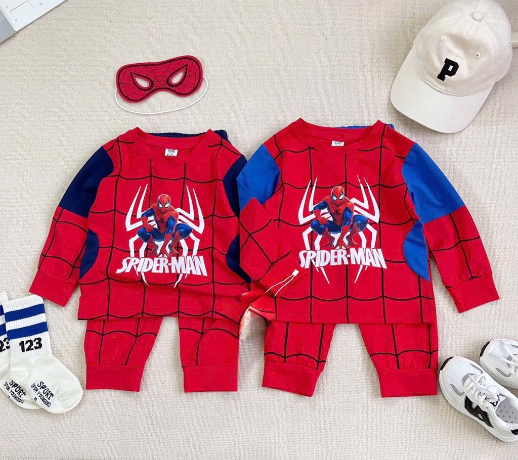 SET BỘ COTTON DÀI NHỆN SPIDER - MAN KÈM MẶT NẠ 2M CHO BÉ TRAI