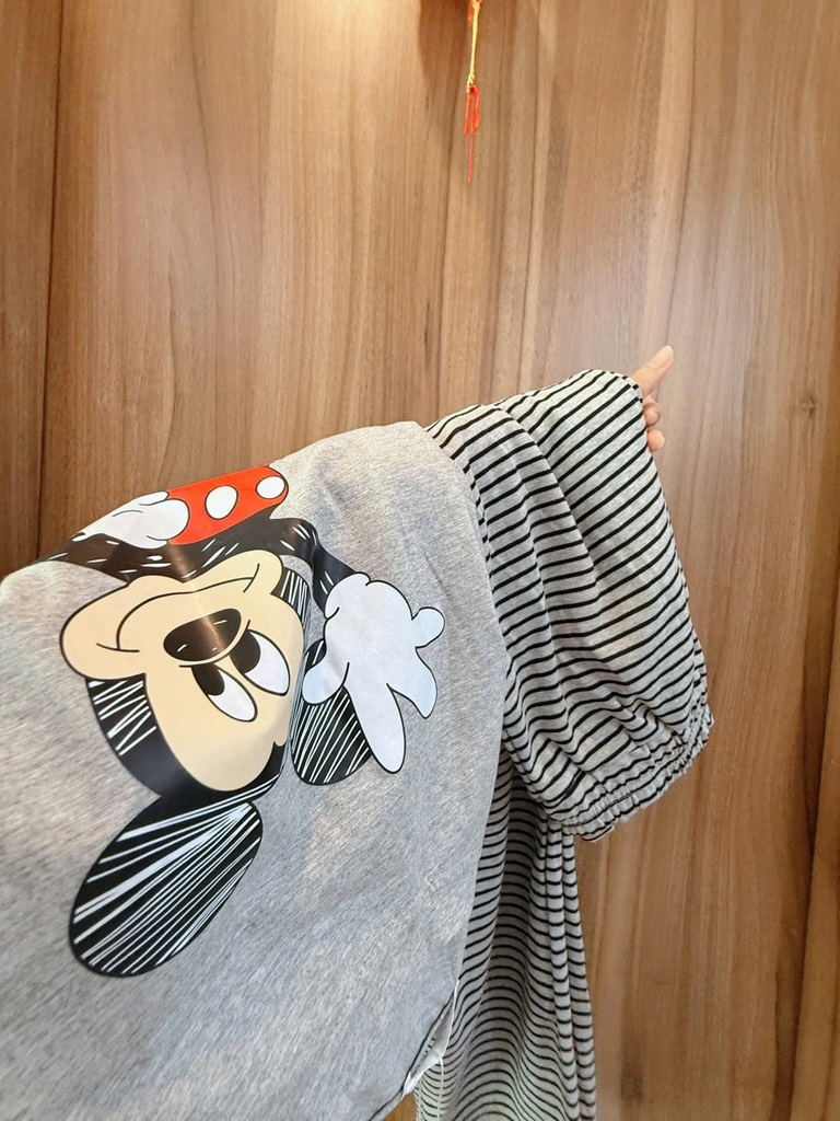 BỘ DÀI MICKEY XÁM QUẦN KẺ NỮ THU ĐÔNG SẴN