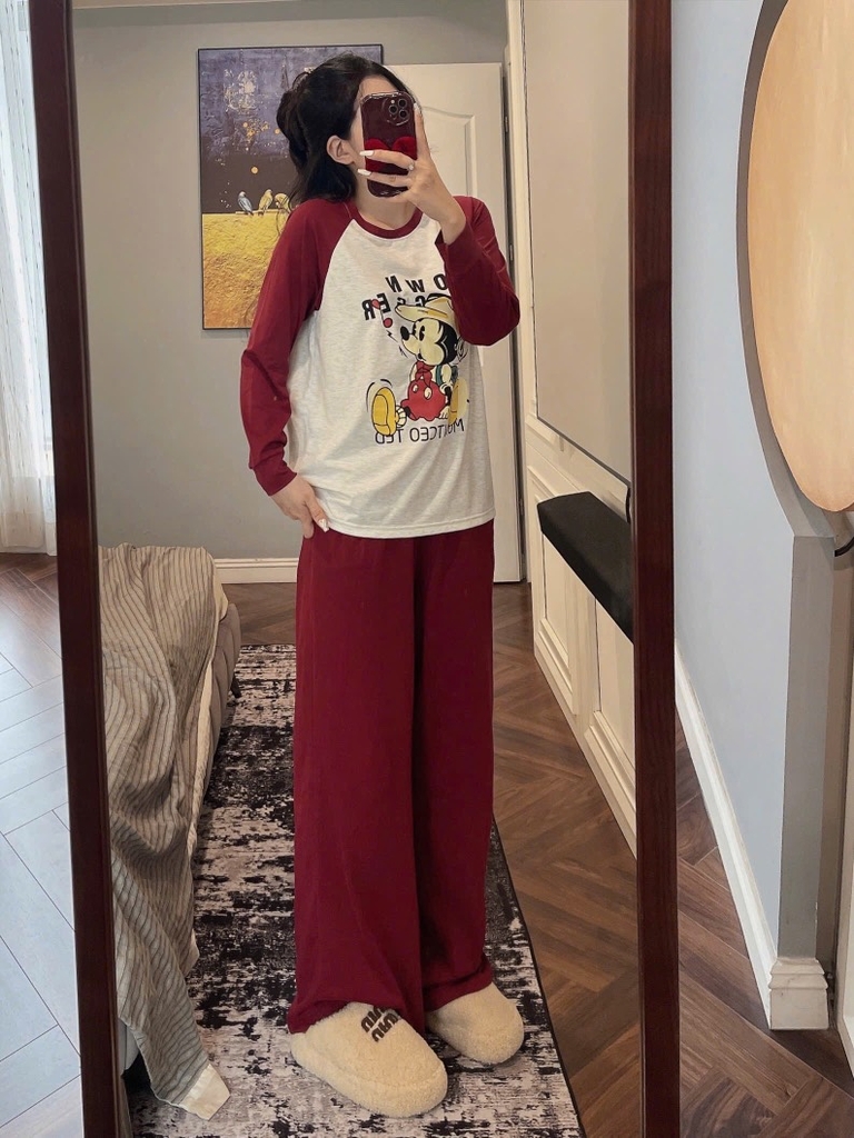 SET BỘ DÀI MẶC NHÀ MICKY PHỐI ĐỎ NỮ THU ĐÔNG SẴN
