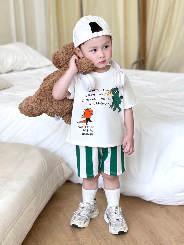 SET 2B CỘC TAY KHỦNG LONG TONE VÀNG XANH CHO BÉ TRAI