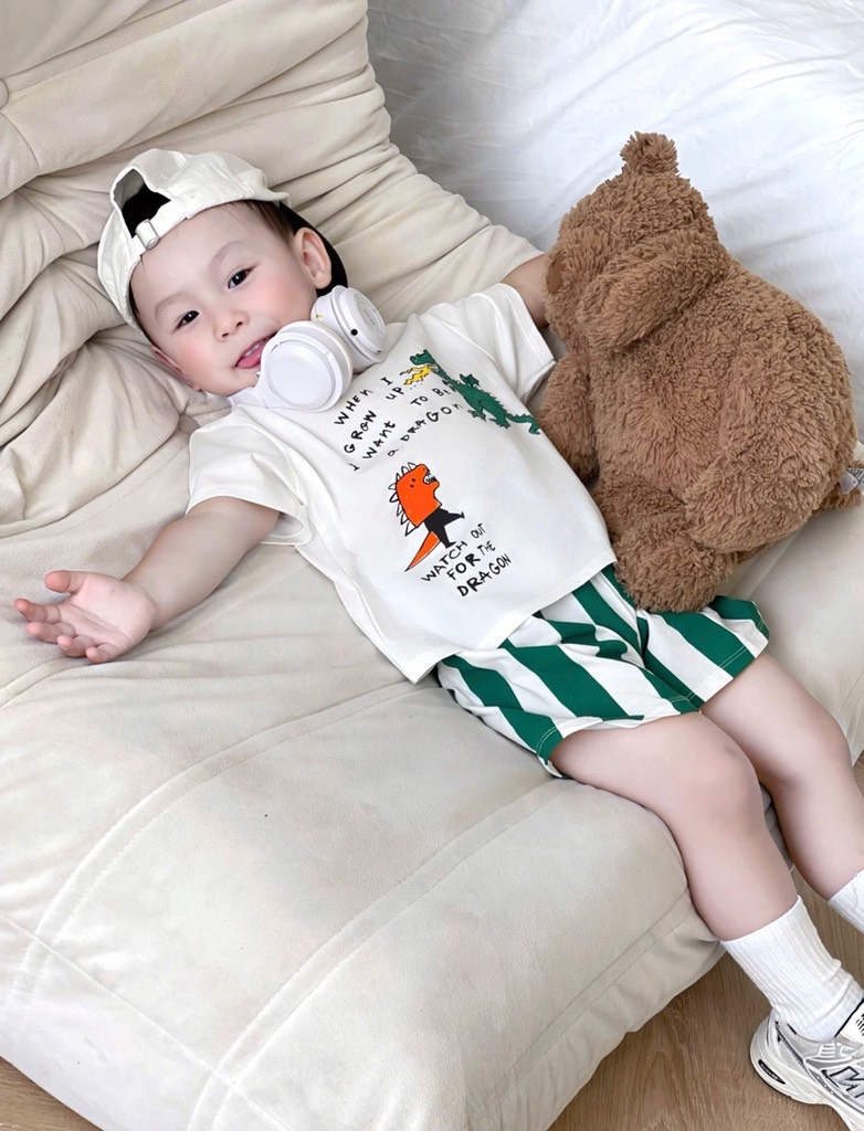 SET 2B CỘC TAY KHỦNG LONG TONE VÀNG XANH CHO BÉ TRAI