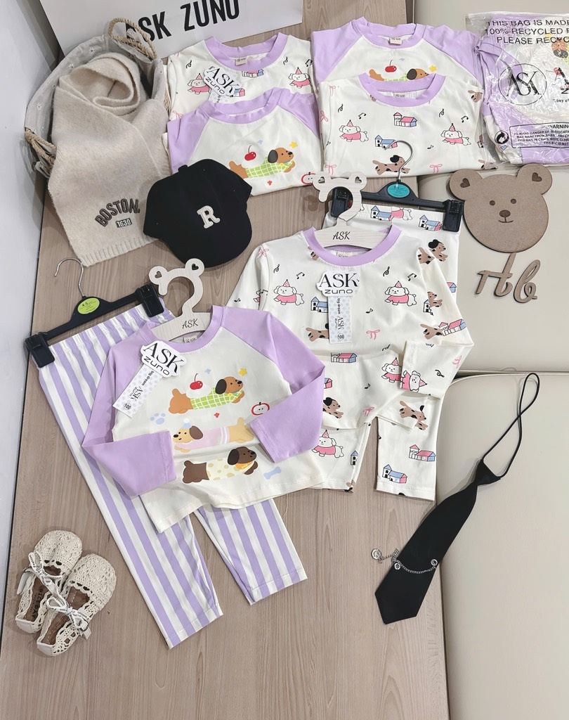 BỘ DÀI CHÓ CON NHỎ TONE TÍM BE QUẦN KẺ BÉ GÁI
