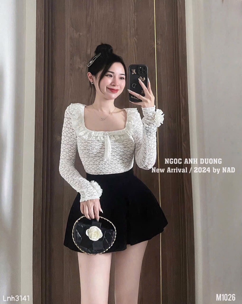 SET BỘ ÁO REN CỔ VUÔNG ĐÍNH NGỌC MIX CHÂN VÁY SẴN