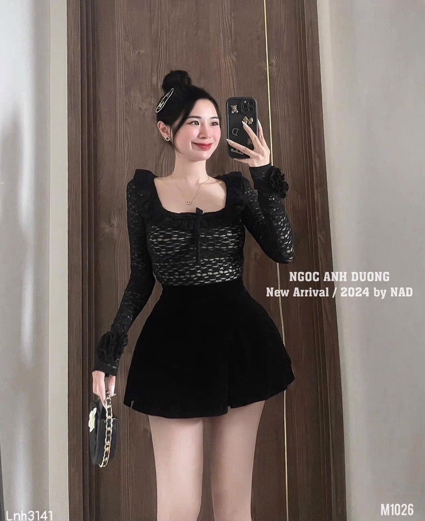 SET BỘ ÁO REN CỔ VUÔNG ĐÍNH NGỌC MIX CHÂN VÁY SẴN