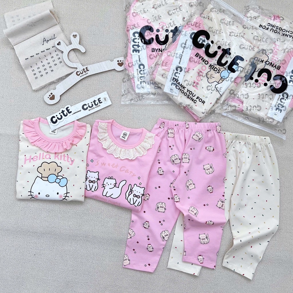 SÉT 2 BỘ COTTON DÀI TAY MÈO KITTY BE HỒNG CHO BÉ GÁI