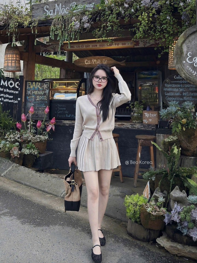 SET ÁO LEN CARDIGAN MIX CHÂN VÁY XẾP LY NỮ THU ĐÔNG