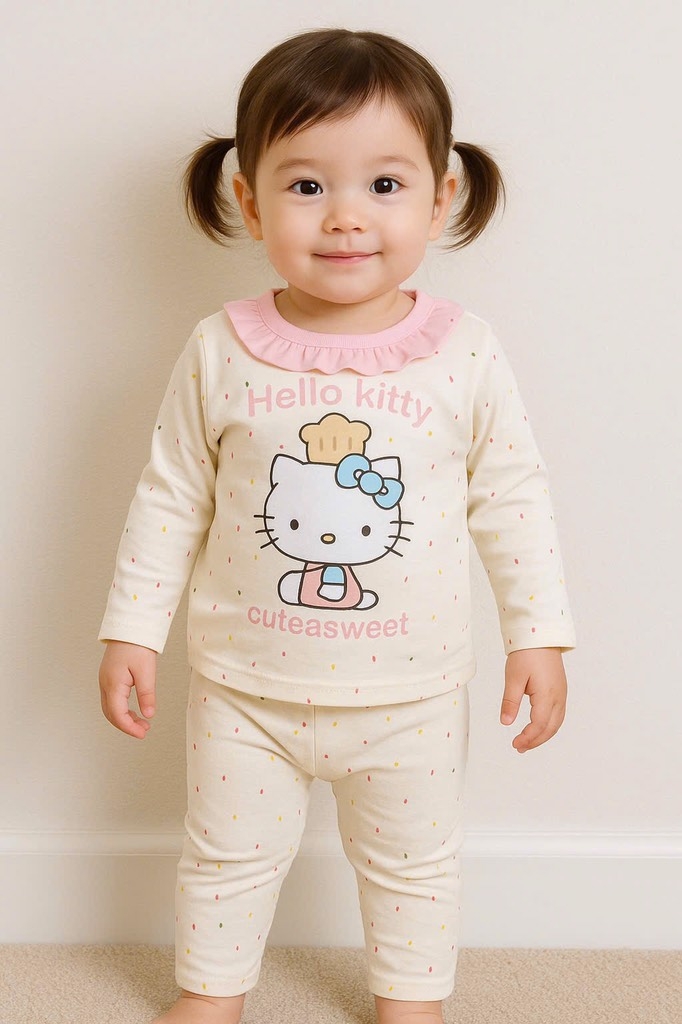 SÉT 2 BỘ COTTON DÀI TAY MÈO KITTY BE HỒNG CHO BÉ GÁI