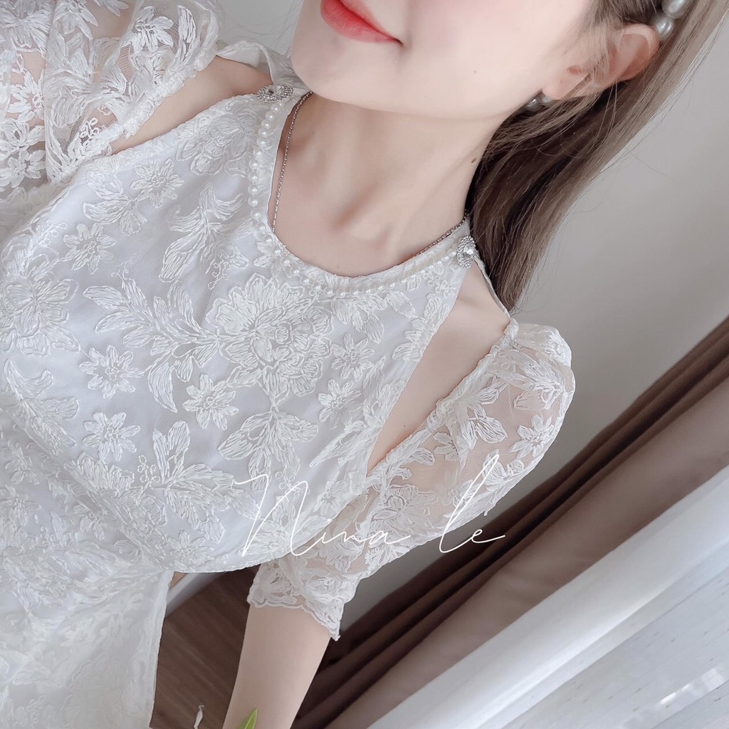 SET ÁO DÀI REN 2 LỚP CỔ NGỌC ĐÍNH VAI ĐÁ(xả 150k)