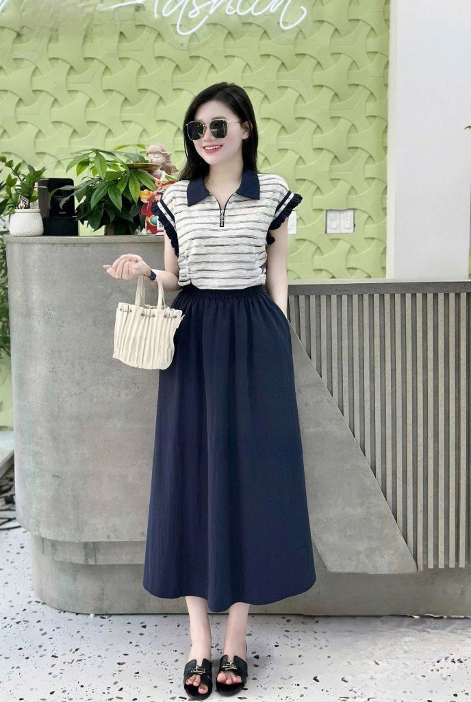 SET ÁO KẺ PHỐI TAT VIỀN MIX CHÂN VÁY NỮ