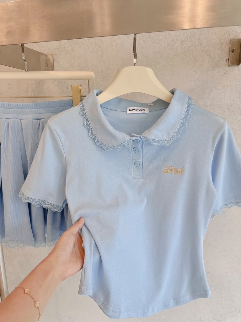 SET ÁO POLO CỔ SEN PHỐI REN XANH NỮ
