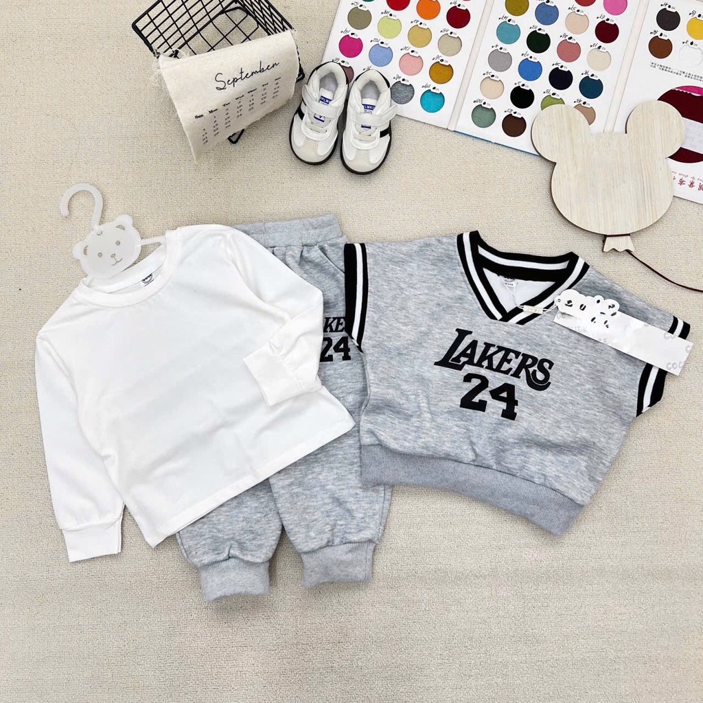 SÉT 3 CHI TIẾT GILE ÁO TRẮNG DÀI TAY QUẦN THỂ THAO GHI LAKERS 24 CHO BÉ TRAI BÉ GÁI