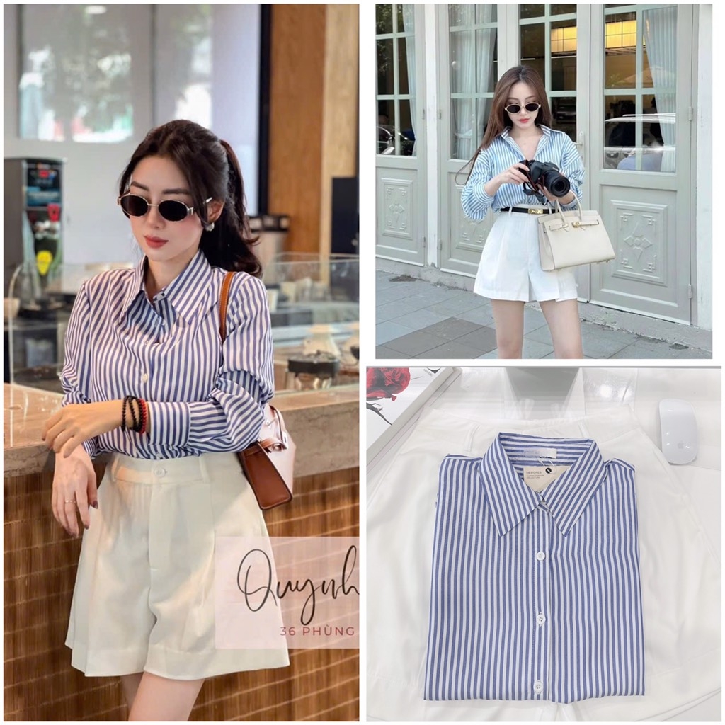 SET ÁO KẺ XANH MIX SHORT LI GẤU TO NỮ SẴN