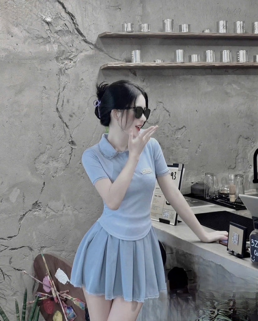 SET ÁO POLO CỔ SEN PHỐI REN XANH NỮ