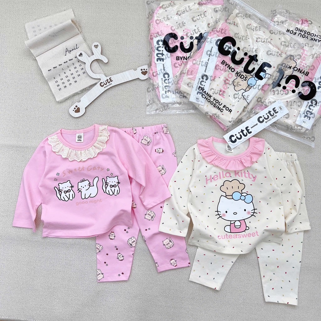 SÉT 2 BỘ COTTON DÀI TAY MÈO KITTY BE HỒNG CHO BÉ GÁI
