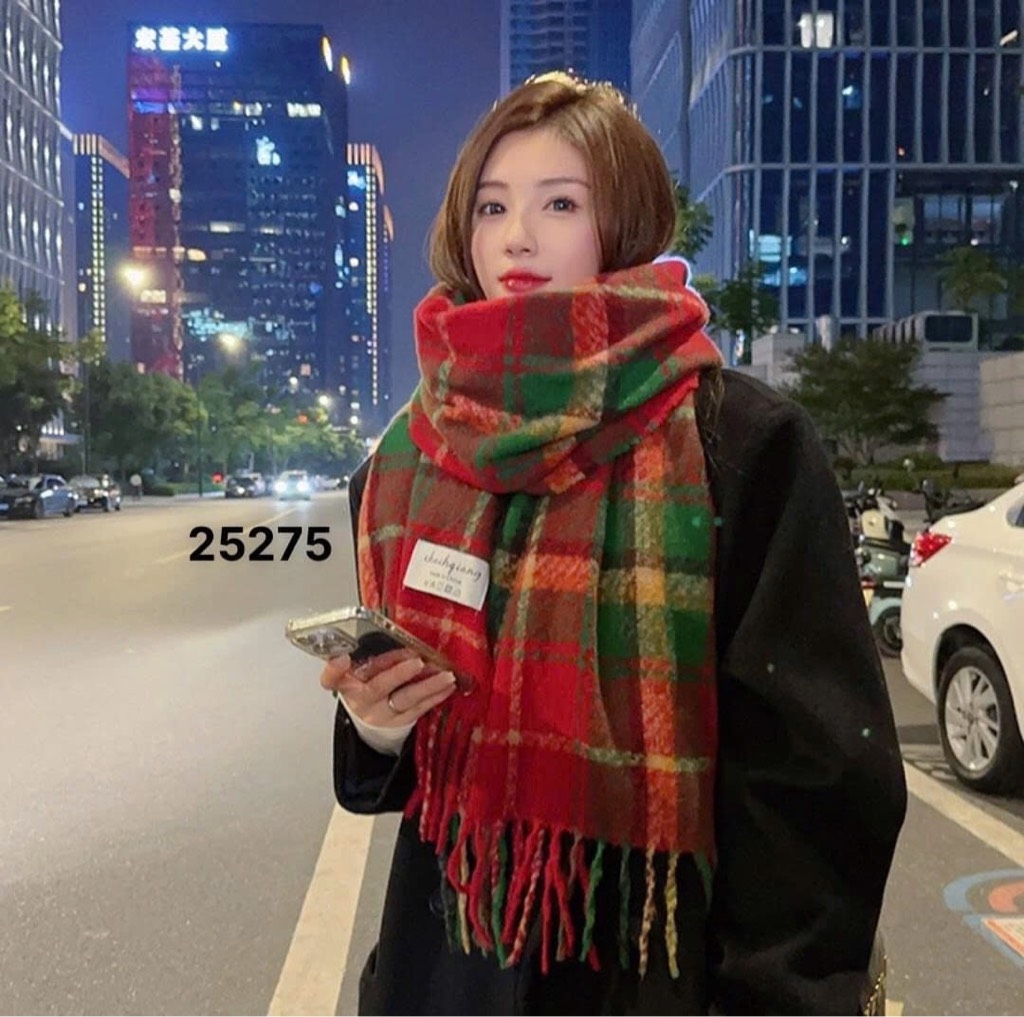 KHĂN MŨ - KHĂN DẠ KẺ CARO TONE ĐỎ NỮ THU ĐÔNG