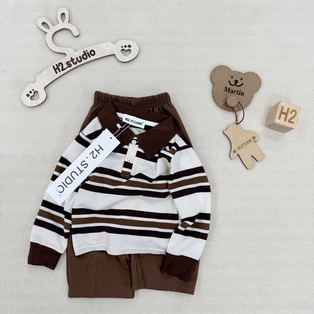 SET BỘ DÀI ÁO POLO KẺ NÂU QUẦN SUÔNG NÂU BÉ TRAI