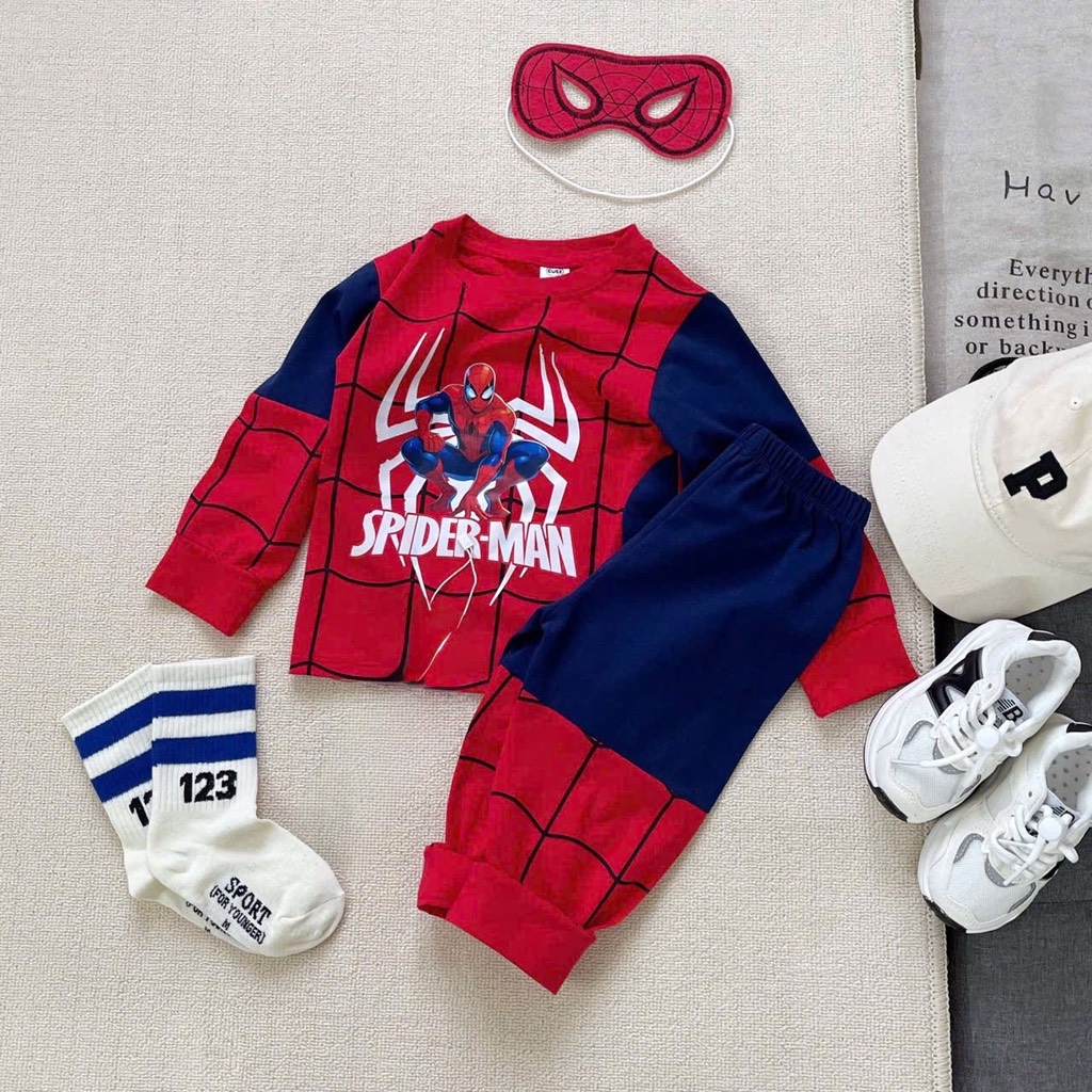 SET BỘ COTTON DÀI NHỆN SPIDER - MAN KÈM MẶT NẠ 2M CHO BÉ TRAI