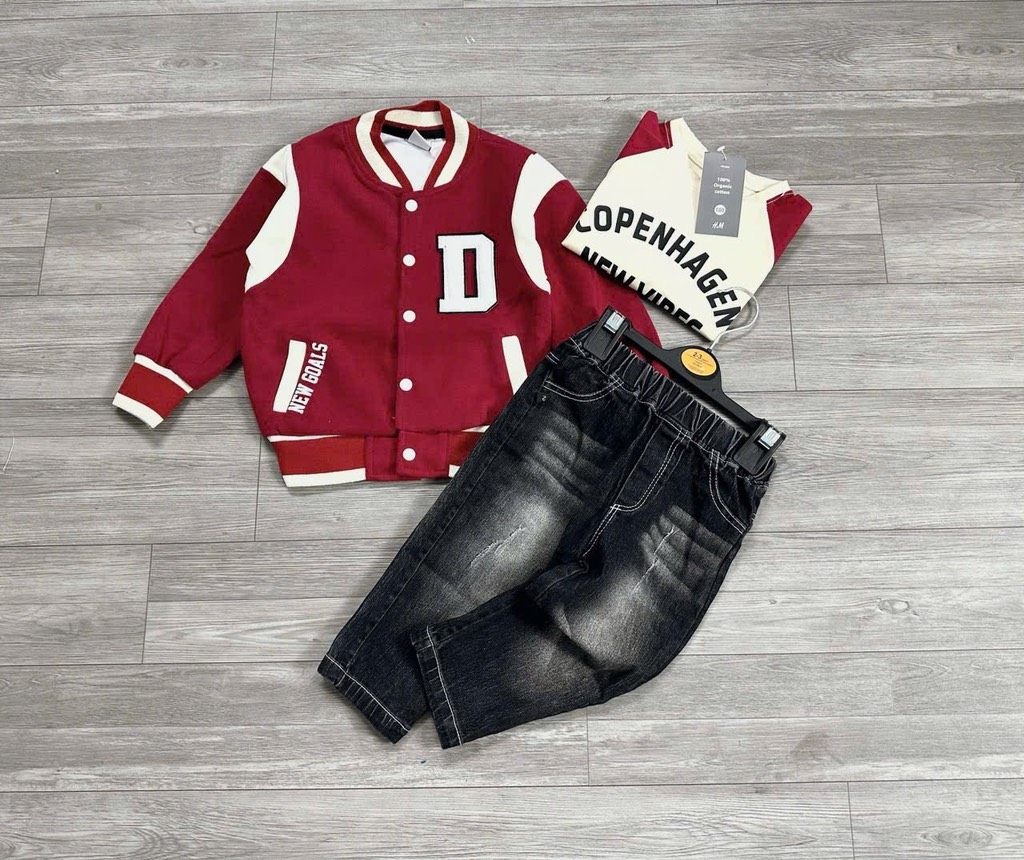 SÉT DÀI 3 MÓN COVER NEW ÁO KHOÁC BOMBER ĐỎ ÁO PHÔNG QUẦN JEAN BÉ TRAI