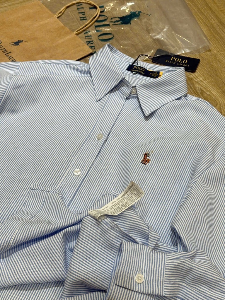 ÁO SƠ MI KẺ XANH THÊU LOGO NGỰA NỮ