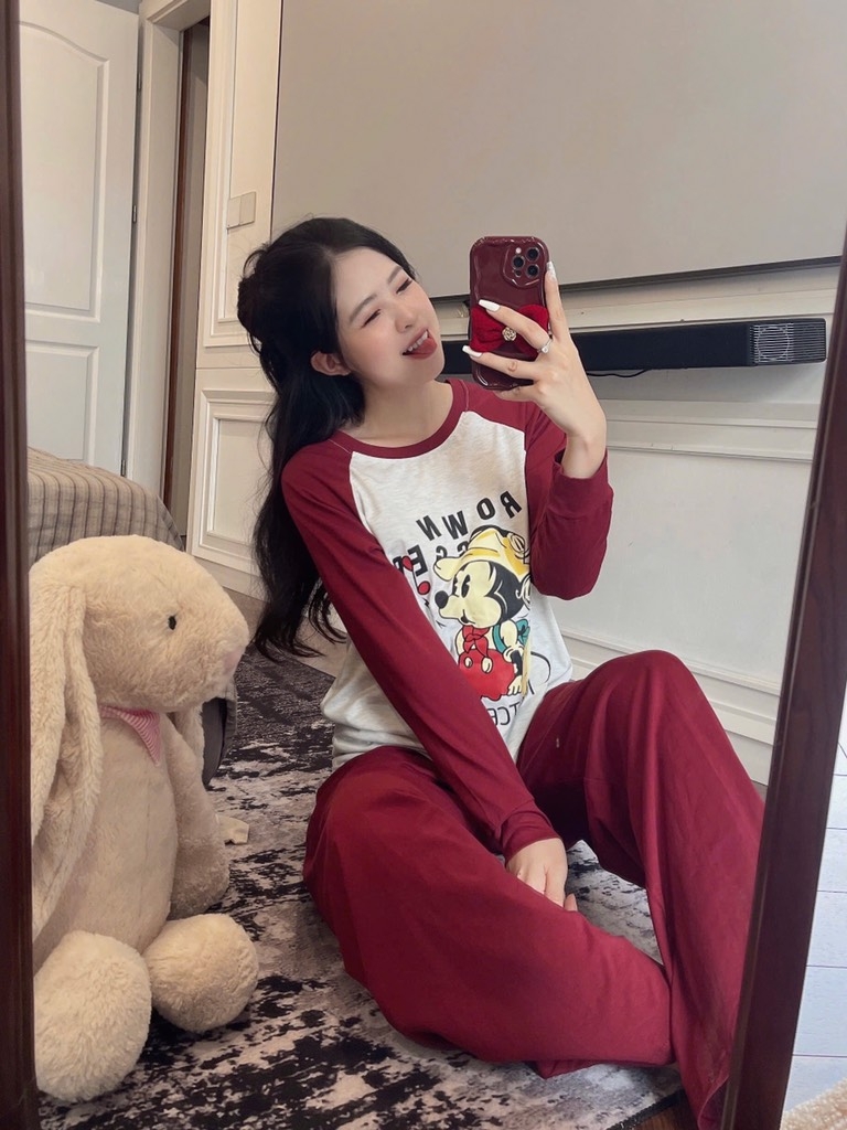 SET BỘ DÀI MẶC NHÀ MICKY PHỐI ĐỎ NỮ THU ĐÔNG SẴN