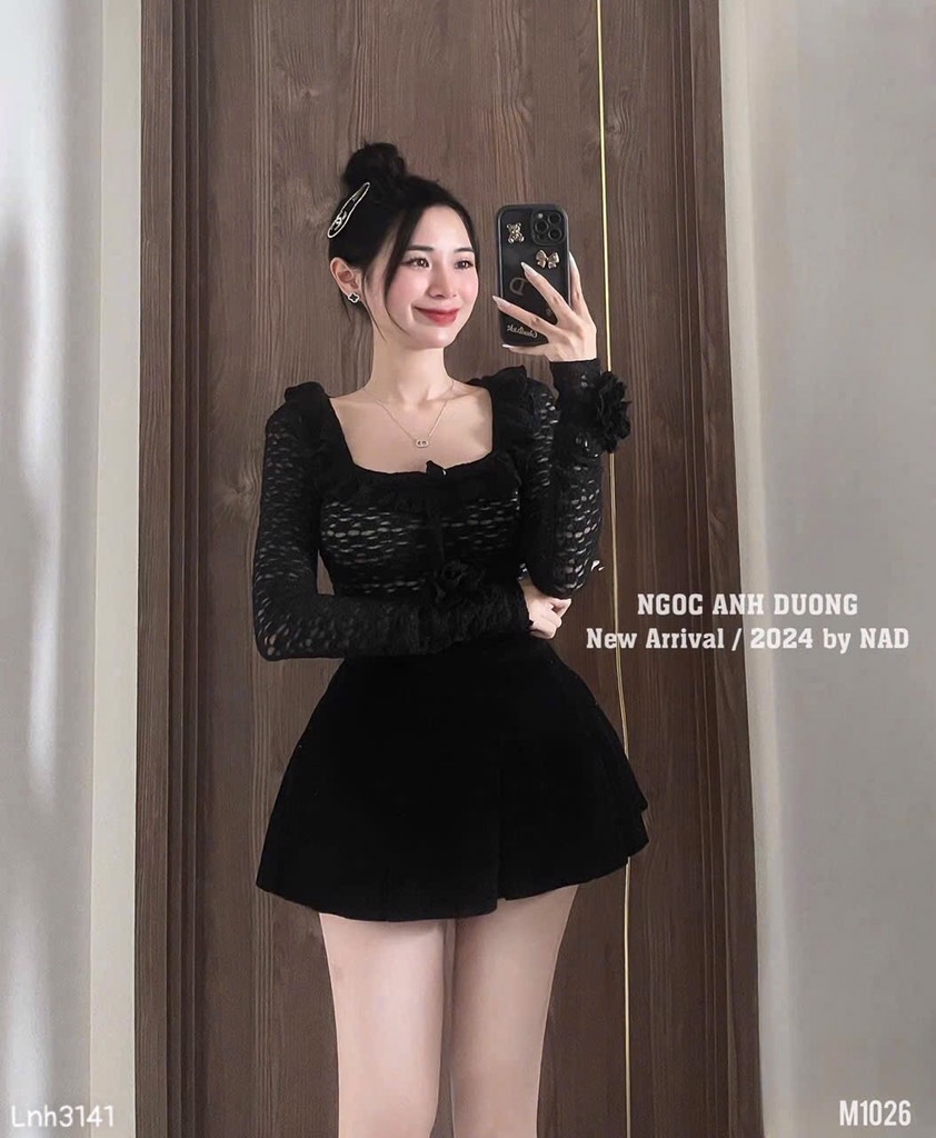 SET BỘ ÁO REN CỔ VUÔNG ĐÍNH NGỌC MIX CHÂN VÁY SẴN